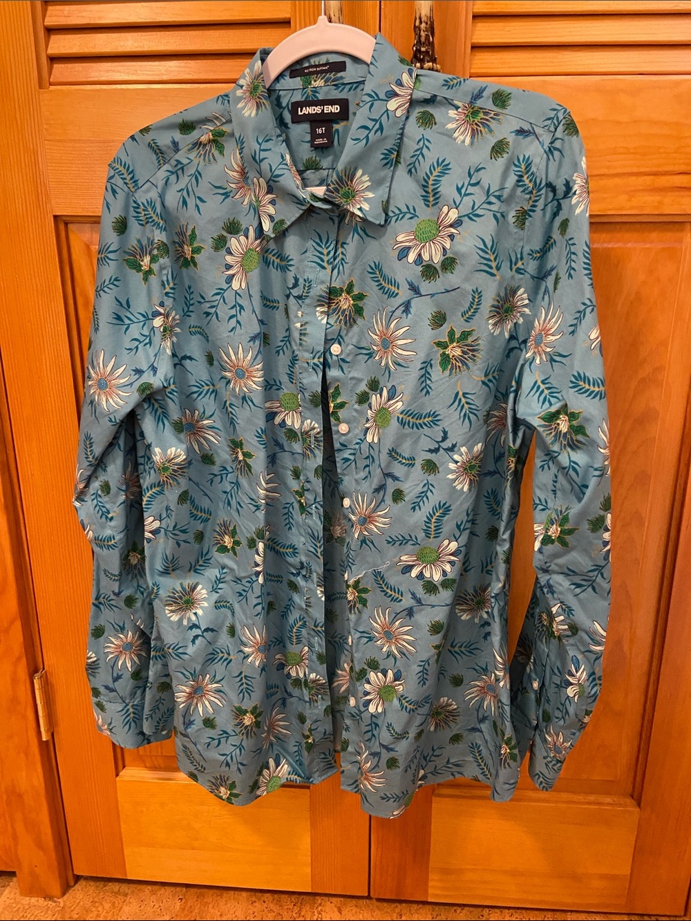 Lands' End Teal Blue Floral Button-Up Blouse - TALL